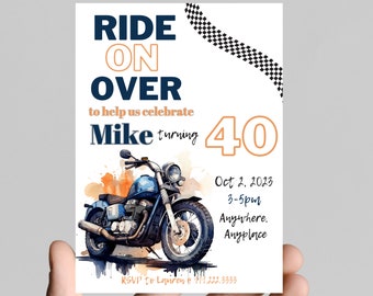 Ride on over, motorcycle theme any age birthday boy or man invitation, motorcycle, bike, street racer, editable, printable, digital