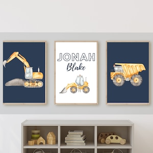 Construction truck room decor, wall art, dump truck, excavator, bulldozer, 11x14, set of 3, digital download, customizable