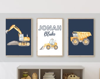 Construction truck room decor, wall art, dump truck, excavator, bulldozer, 11x14, set of 3 prints included, customizable, frame not included