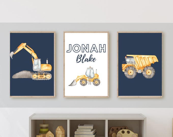 Construction truck room decor, wall art, dump truck, excavator, bulldozer, 11x14, set of 3, digital download, customizable