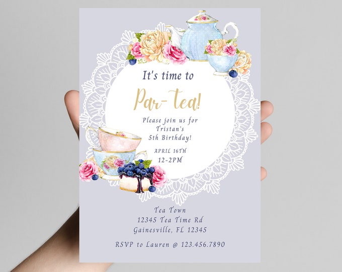 It's time to PAR-TEA birthday invitation, first birthday party, tea time, tea party, little girl birthday party, customizable