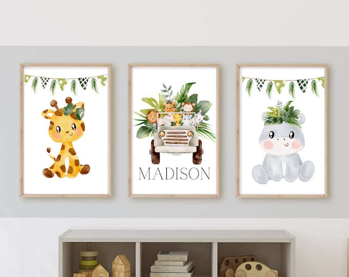 safari animals nursery wall art,  jeep buggy, zoo animals, customize the name, explore, digital download, printable wall decor, baby girl