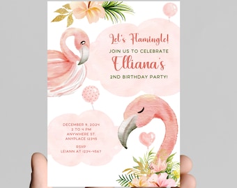 Flamingo Birthday Invitation, Pink and Gold Glitter (Digital Download)