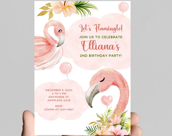Flamingo Let’s FLAMINGLE theme girl birthday invitation, pink and gold glitter, tropical, pineapple, come celebrate the birthday girl,