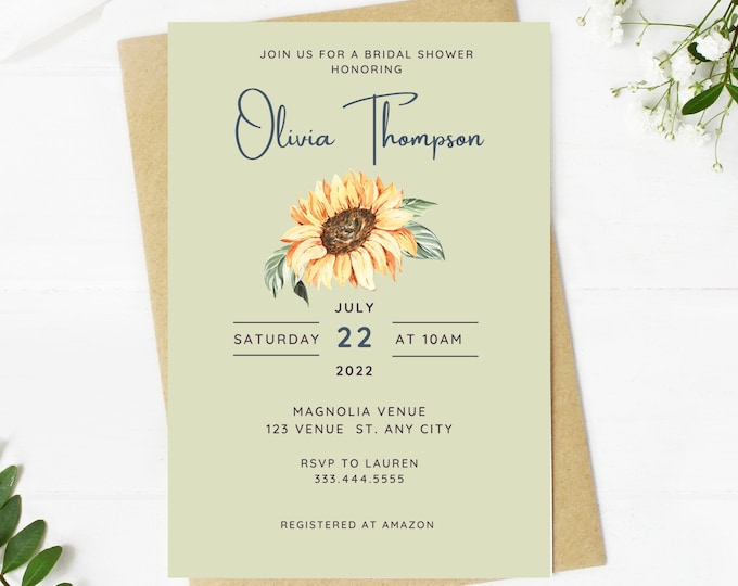 Beautiful sunflower bridal shower invitation, sunflower floral, Wedding, simple, minimalist, printable, editable, instant download template