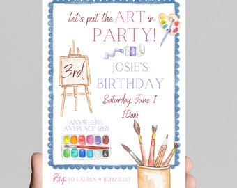 Let’s put the Art in pARTy theme birthday invitation, rainbow paint,gold glitter, paintbrush, painting,girl birthday party, age customizable