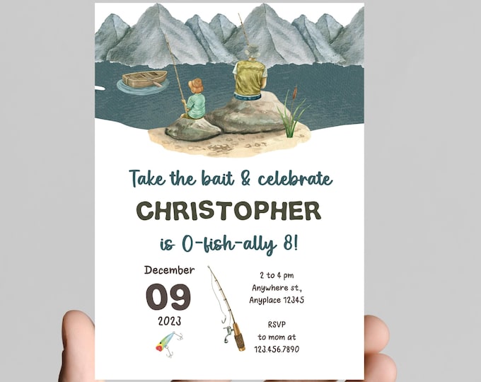 Fishing theme birthday invitation, fisherman,  fish, fishing, water, birthday boy
