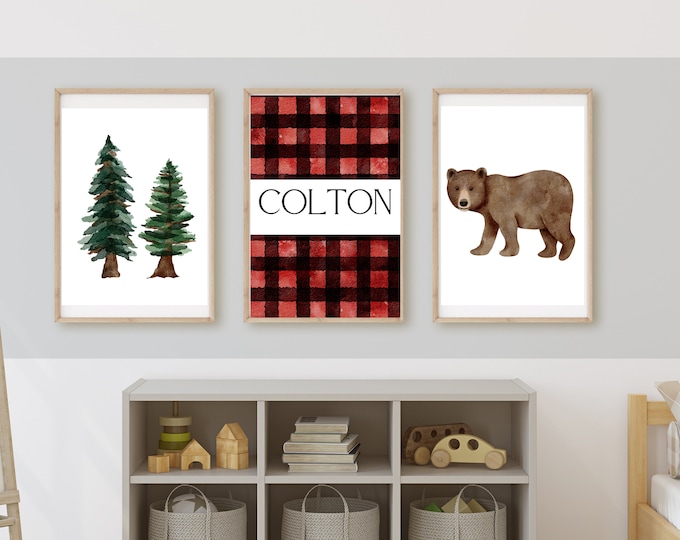 lumberjack woodland forest animal nursery wall art decor, buffalo plaid, bear, baby boy room, 11x14, set of 3 digital prints included.