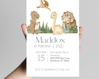Neutral Baby Dinosaur Birthday Invitation, Customizable (Instant Download)
