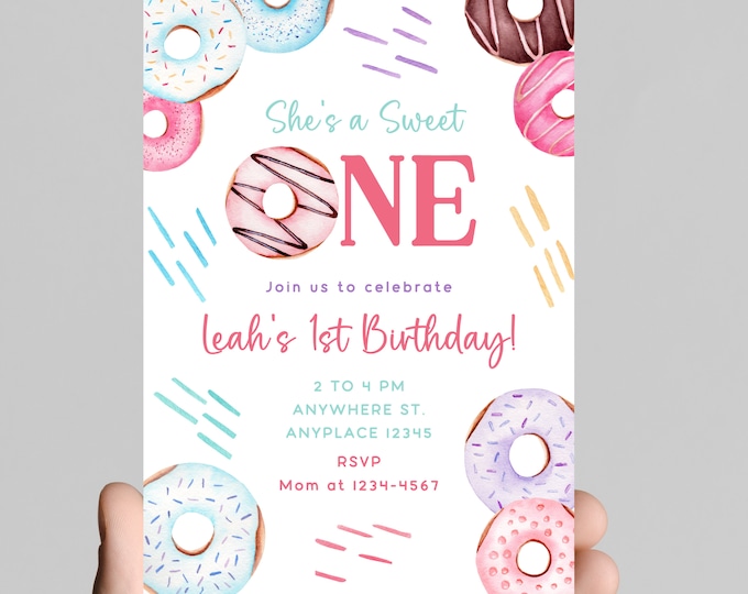 She’s a sweet one! Donut theme 1st birthday invitation, bakery sweets themed invitation for little girl, sprinkles, printable