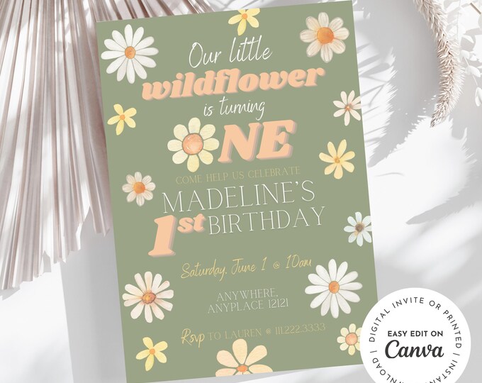 Our little wildflower is turning ONE, daisy, boho, wildflower 1st birthday invitation themed girl birthday party, digital edit and print
