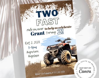 Two Fast ATV Birthday Invitation, Mud Theme, Boy 2nd Birthday (Digital)