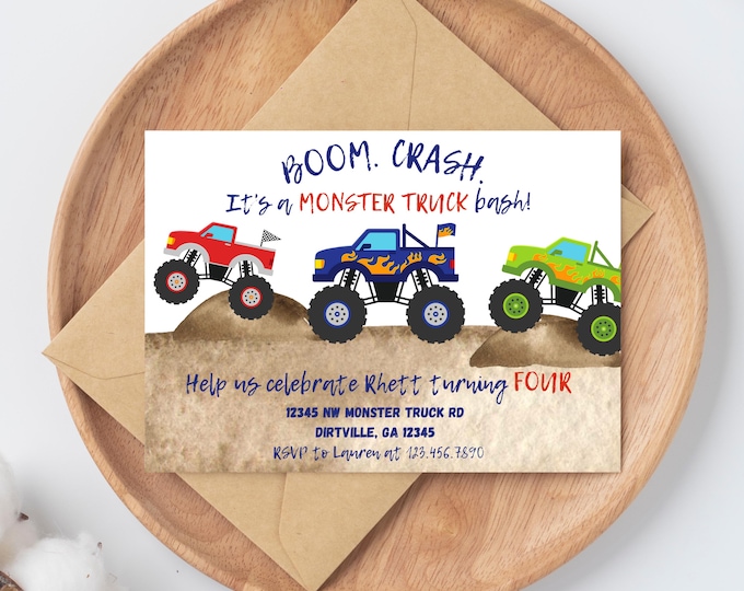 Monster truck theme Birthday Invitation, boom crash it's a monster truck bash! birthday boy, monster trucks, dirt, trucks