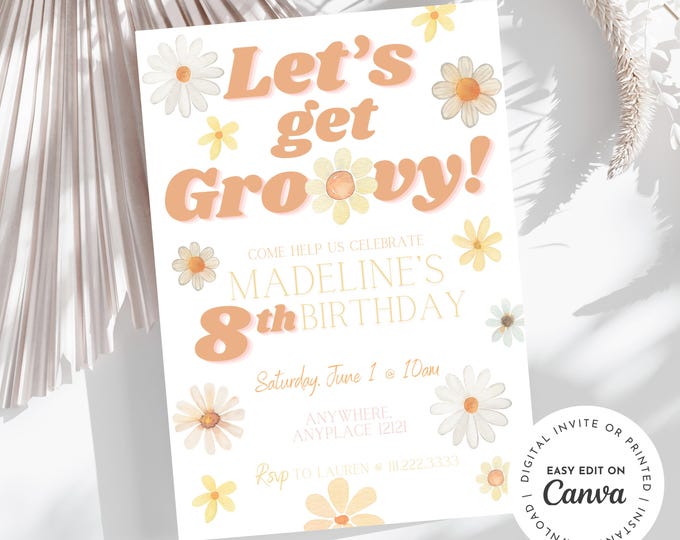 Let’s get groovy, retro, 70’s, throwback, daisy, boho, rainbow, groovy hippie 2nd girl birthday invitation themed, edit any age, printable