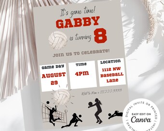 Volleyball Themed Birthday Invitation for Girls, 8th Birthday Sporty Invite, Printable and E-invite, Athlete Team Party, Player