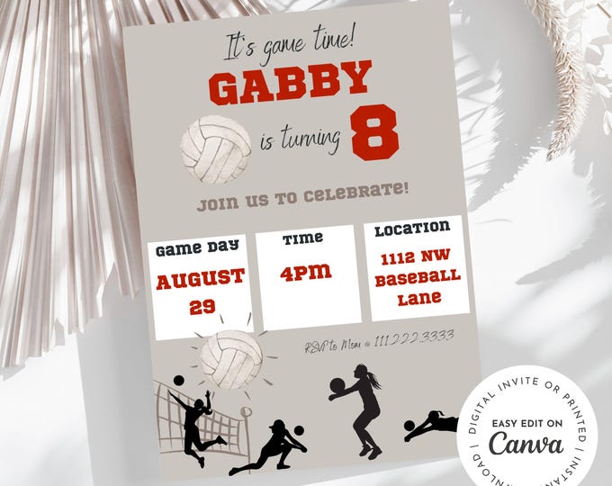 Volleyball Themed Birthday Invitation for Girls, 8th Birthday Sporty Invite, Printable and E-invite, Athlete Team Party, Player