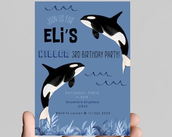 Killer Whale of a  time! theme birthday party invitation, edit to any age, deep sea, ocean