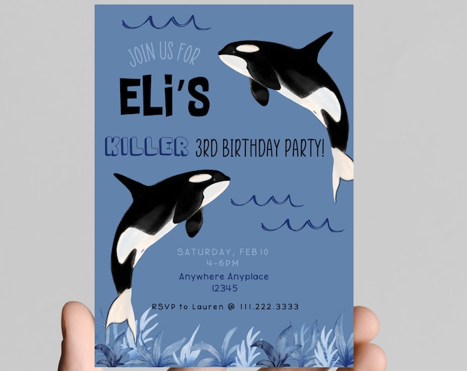 Killer Whale of a  time! theme birthday party invitation, edit to any age, deep sea, ocean