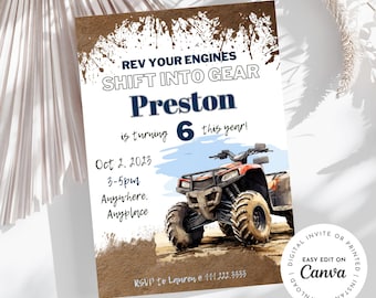 ATV 4-wheeler theme boy birthday invitation, Rev your engine Shift into gear, easily edit age and details, dirt, mud, printable, digital