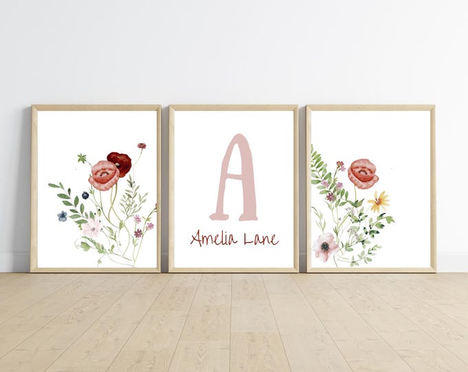 wildflower nursery wall art decor with baby's name and initial, watercolor wildflower, minimalist, 11x14, customizable