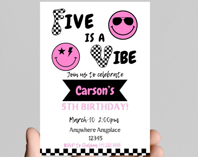 FIVE is a VIBE girl 5th birthday party invitation, black and white, smiley face, sunglasses, edit and printable, digital