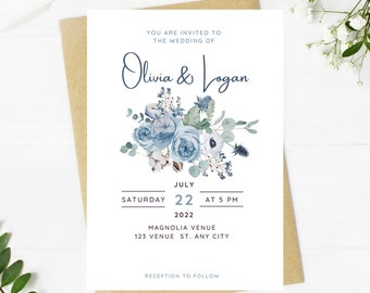 Dusty Blue Floral Wedding Invitation Template (Instant Download)