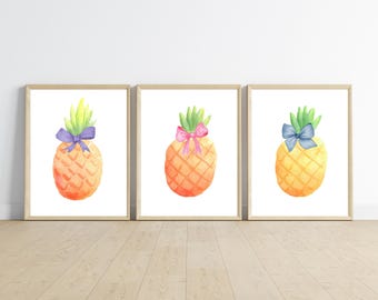 pineapples with bows, boho nursery wall art decor, pineapples wall art, nursery room, 11x14, set of 3 digital prints included.