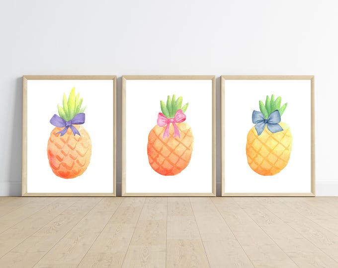 pineapples with bows, boho nursery wall art decor, pineapples wall art, nursery room, 11x14, set of 3 digital prints included.