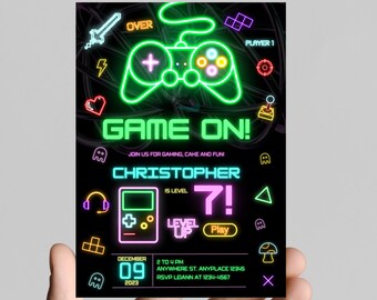 Gamer gaming birthday party invitation, neon lights, editable, printable, digital