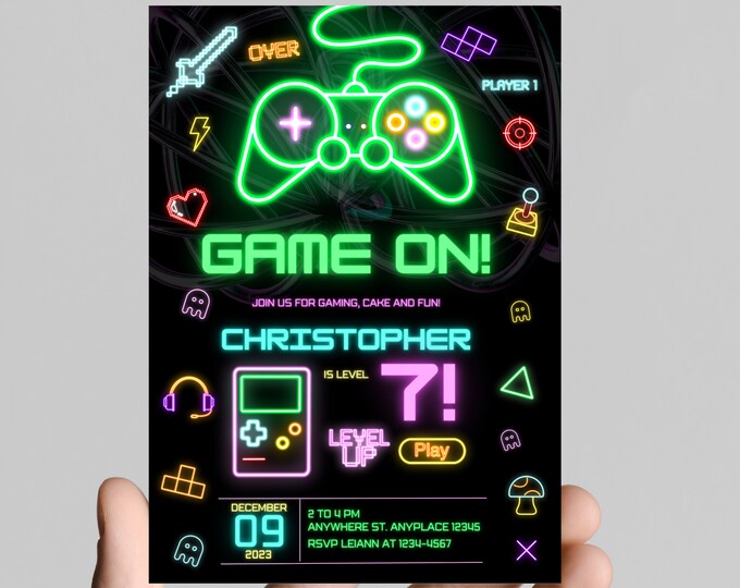Gamer gaming birthday party invitation, neon lights, editable, printable, digital