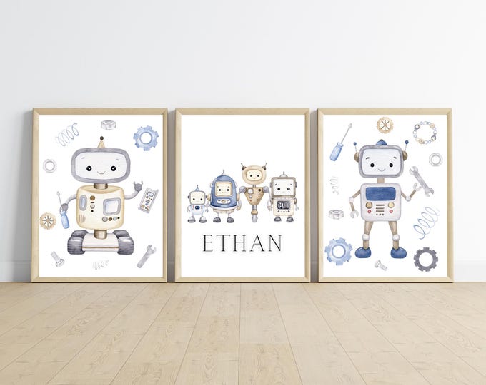 Robot theme boy bedroom wall art, robotics, electronic, tools, nuts and bolts, name can be customized, 11x14, 3 digital downloads, printable