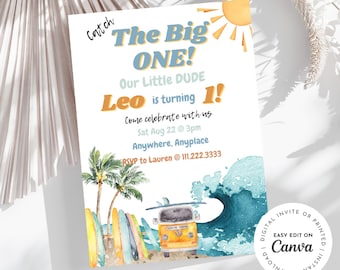 Surfing First Birthday Invitation, Beach Theme (Digital Download)