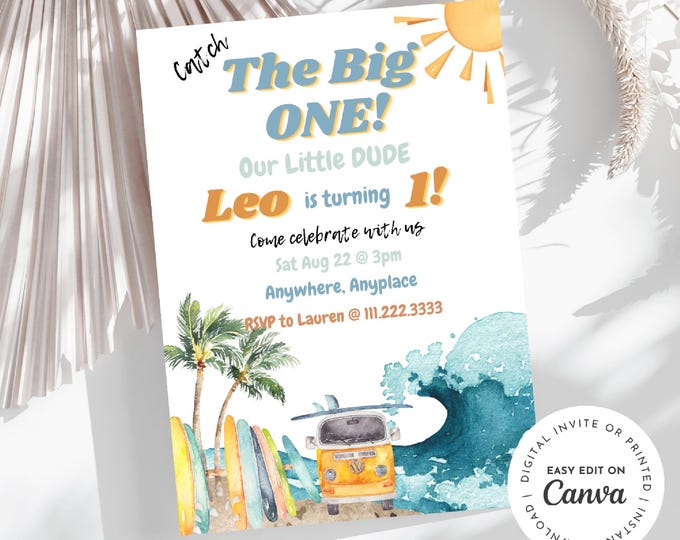 Catch the big ONE surfing our little dude’s first birthday invitation, surf theme, waves, beach, surfboards, ocean waves, customizable