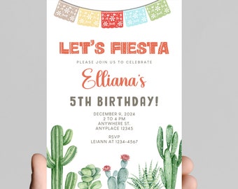 First Fiesta Birthday Invitation, Cactus Flower, Multicolor (Digital Download)
