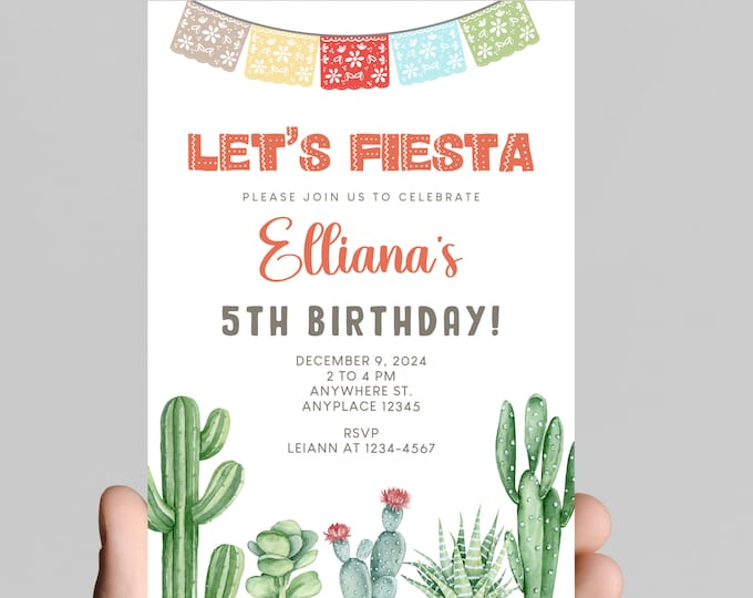 first fiesta birthday party invitation, fiesta, cactus, cactus flower, first birthday party invitation, muticolor