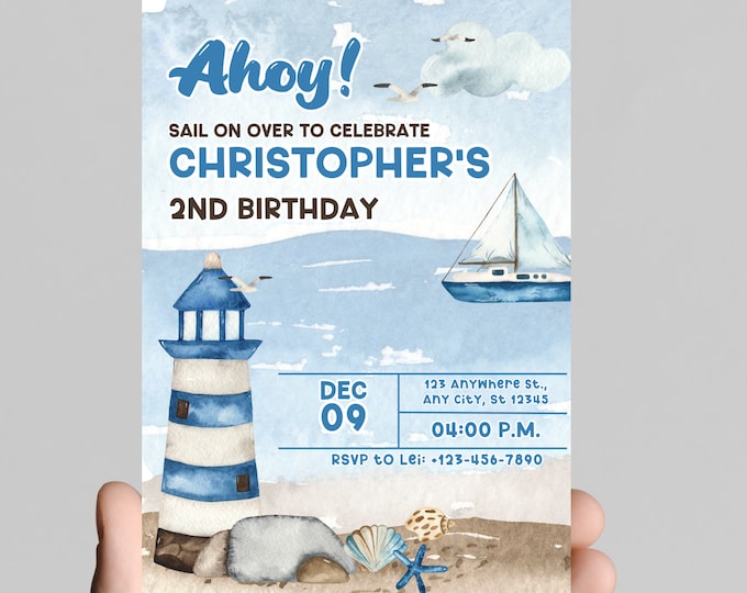 Sail on over nautical themed birthday invitation, nautical theme, sailboat, ocean, beach, anchors, boy birthday