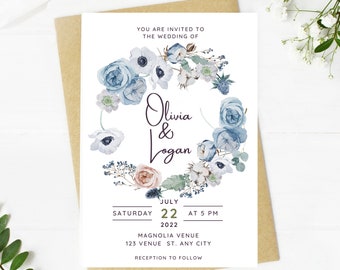 Dusty Blue Floral Wedding Invitation, Editable Template (Instant Download)