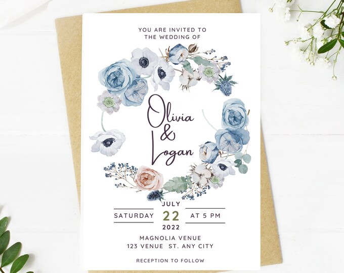 Beautiful Wedding invitation, dusty blue floral, Wedding, blue floral, navy, printable, editable, instant download template, e-card, Bridal
