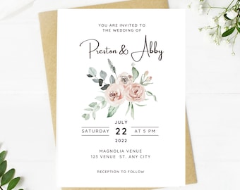 Beautiful Wedding invitation, light pink floral, Wedding, simple, dusty pink, minimalist, printable, editable, instant download template