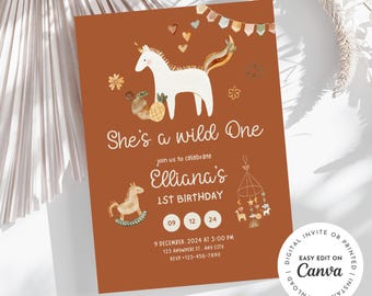 Boho 1st Birthday Invitation, Isn’t She ONE-derful Theme (Digital)