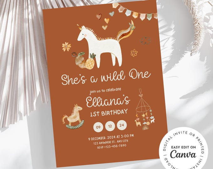 Isn’t she ONE-derful theme 1st birthday party invitation, boho theme, isn’t she wonderful, girl first birthday, printable, digital