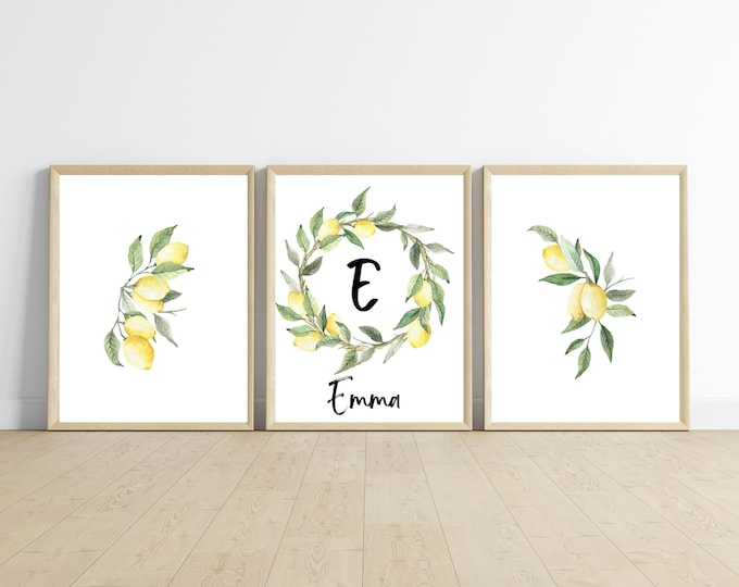 vintage lemon themed baby girl nursery or bedroom decor, lemons wreath with name and baby initial,  11x14, customizable