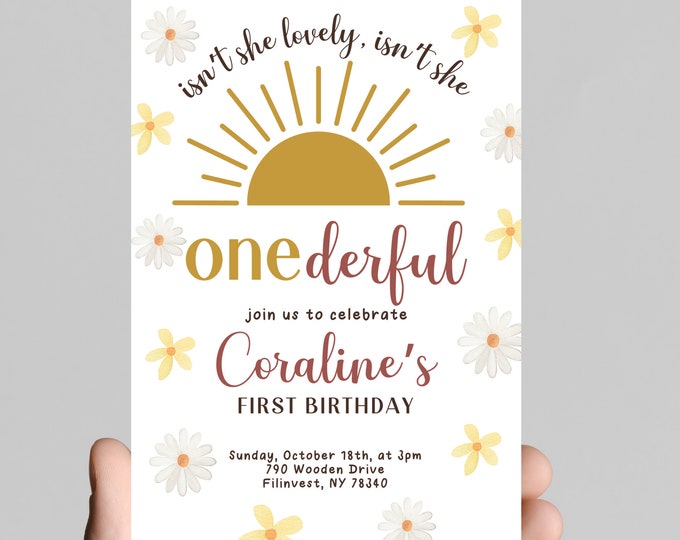 Isn’t she ONE-derful theme 1st birthday party invitation, isn’t she lovely isn’t she wonderful, girl first birthday, printable, digital