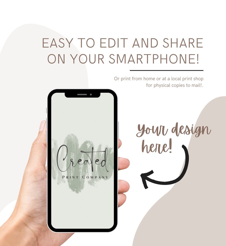 以下が含まれることがあります： 白い背景に「Created Print Company」というテキストが書かれた緑と白のロゴを表示するスマートフォンのモックアップ。 「Your design here!」というテキストが黒で書かれており、矢印が電話の画面を指しています。