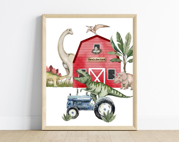 Old McDino’s Farm, dinosaur farm kids room decor, red barn with custom name, T-Rex on tractor, room decor, wall art, 11x14, digital download
