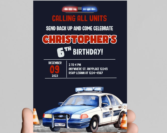 Police birthday invitation, Calling all units, sound the alarm and grab your gear, first responders 911 theme, police car