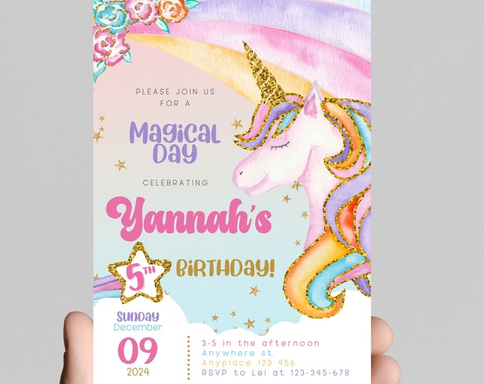 Rainbow Unicorn magical day girl’s birthday invitation, watercolor, sparkle, girl birthday party, digital, edit any age and print