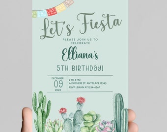 first fiesta birthday party invitation, fiesta, cactus, cactus flower, first birthday party invitation, muticolor