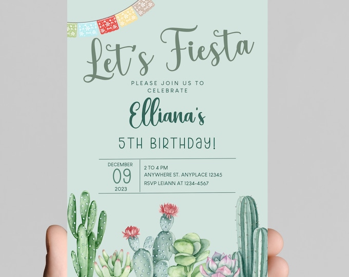 first fiesta birthday party invitation, fiesta, cactus, cactus flower, first birthday party invitation, muticolor