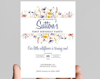 Wildflower First Birthday Invitation, Floral Watercolor (Digital Download)